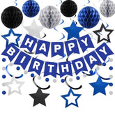 Birthday Decorations, Happy Birthday Banner With Honeycomb Balls, Star Hanging Swirl Streamer, Circle Dot Garland, Happy Birthday Party Decorations For Women Men Boys Girls (Blue & Silver)