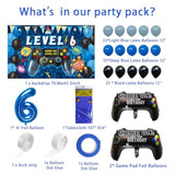 90Pcs Video Game Party Decorations For Boys Set Blue - 6Th Birthday Supplies - Video Game Backdrop, Balloons, Tablecloth, Gamer And 6 Foil Balloons