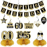 Happy 60Th Birthday Banner Decorations For Men Women, 10Pcs Black Gold 60 Birthday Banner Vintage 1965 Honeycomb Centerpieces Swirls Kit Party Supplies, Sixty Bday Ceiling Table Topper Decor