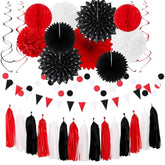 Black White-Red Party-Decorations - 33Pcs Birthday Banner,Streamers Tassel Garland,Tissue Pom Poms Honeycomb,Paper Lantern Fans,Men Women Wedding Baby Shower Graduation Backdrop Supplies Decor