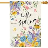 Spring Floral House Flag Burlap Double Sided 28X40 Inch Outside, Hello Spring Cute Tulip Flowers Large Garden Flag Holiday Outdoor Decoration