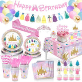 Princess Birthday Party Decorations, 166Pcs Princess Party Girls Decorations Set Includes Prin Cess Plates Napkins Cups Tablecloth Serve 16, Shoulder Strap Crown, Banner Garland Cake Toppers Balloons