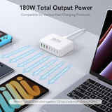 Usb C Charger Block, 180W Gan 7 Port Usb Charging Station Wall Charger Pd 65W Laptop Power Adapter Wall Plug, Usb C Block Charging Hub For Macbook Pro/Air,Dell,Iphone 16/15/14/13,Ipad,Galaxy S24/S23