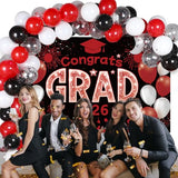 Red and Blcak Graduation Decorations Class of 2026 Banner with Balloons Arch Kit Set - Large 2026 Graduation Backdrop Decor, Red Congratulations Grad Balloons Grad Party Decorations