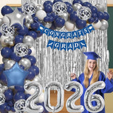 Blue Graduation Decorations-Navy 2025 Graduat-ion Balloon Arch Kit Graduation Decorations Class Of 2025 With Blue Silver Balloons, Banner, 2025 Balloon,Fringe Backdrop