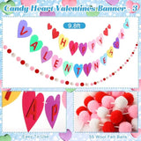 3 Pcs Happy Valentine'S Day Felt Candy Heart Bannerfelt Ball Pom Pom Garlands Wool Felt Hearts Garlands Pastel Candy Hanging Decor For Home Fireplace Window Walls Decor,9.8Ft
