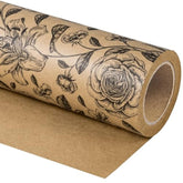 Kraft Floral Wrapping Paper Roll - Mini Roll - 17 Inch X 33 Feet - Vintage Black Floral Design For Birthday, Bridal Shower, Wedding, Baby Shower