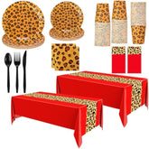 162 Pcs Cheetah Party Decorations Leopard Print Tableware Safari Animal Jungle Party Supplies Includes Tablecloth Plates Napkins Cups Forks Knives Spoons For Baby Shower Birthday(Red)