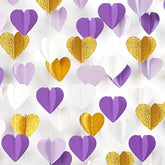 Purple-Gold Party-Decorations 3D Heart Garland - 39Ft White Purple Lavender Graduation Hanging Paper Streamers Banner, Women Birthday Wedding Engagement Baby Bridal Shower Decor