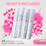 Gender Reveal Confetti Cannon - Biodegradable Powder & Heart Shaped Confetti Poppers - Pink, 4 Pack - Baby Girl Gender Reveal Smoke Bombs Party Poppers Cannons Shooters