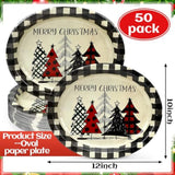 50 Count Christmas Oval Paper Plates Xmas Tree Buffalo Plaid Disposable Platters 10 X 12 Inch Merry Christmas Plates Dinnerware Serving Tray For Holiday Dinner Party Supplies
