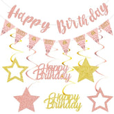 Pink Rose Gold Birthday Decorations For Girls Women, Happy Birthday Banner Stars Hanging Swirls Happy Bday Decoration Party Supplies Sign