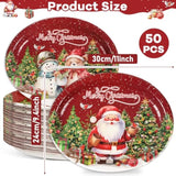50 Pcs Christmas Vintage Oval Paper Plates 11Inch Holiday Retro Winter Santa Snowman Christmas Tree Table Platter Disposable Dish Tray For Candy Cookie Xmas Eve Birthday Party Dinner Supplies