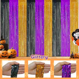3 Pack Glitter Halloween Foil Fringe Curtains 3.3x6.6ft Backdrop Orange Purple Black