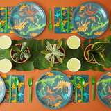 144-Piece Dinosaur Birthday Party Decorations Set With Plates, Cups, Napkins & Cutlery - Serves 24 - Green & Blue Dino Fossil Paper Plates & Cups - Disposable & Easy Cleanup
