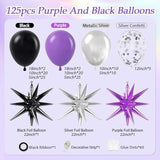 125Pcs Purple And Black Balloon Arch Kit With Purple Black Metallic Silver Confetti Foil Balloons For Halloween Graduation Birthday Party Decorations