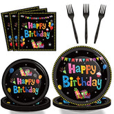 96PCS Colorful Black Birthday Tableware Set for 24 Guests, Plates, Napkins & Forks