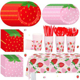 Strawberry Party Tableware Set Strawberry Theme Paper Plates Napkins Cups Strawberries Plastic Tablecloth Disposable Strawberries Party Supplies For Birthday Baby Shower, Pink