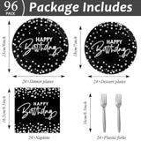 96Pcs Black Silver Birthday Paper Plates And Napkins Party Supplies Happy Birthday Party Decorations Disposable Birthday Party Tableware Dinnerware Set For Women Men Birthday Serves 24 Guests