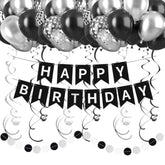 Black & Silver Happy Birthday Decorations, Banner, Swirls, Balloons & Party Supplies