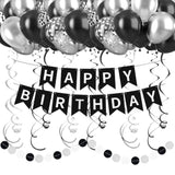 Black & Silver Happy Birthday Decorations, Banner, Swirls, Balloons & Party Supplies