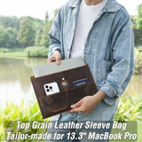 Top Grain Leather 13.3" Slim Laptop Sleeve Bag, Magnet Clasp Closure Design & 3 Pockets & Tracker Holder, Handmade, Compatible With Macbook Pro/Air 13.3"/Cellphone/Passport, Coffee 13.3 Inch