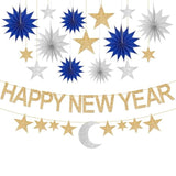 Glitter Happy New Year Banner 17pcs Gold Stars Moon Garland 2026