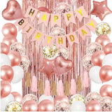 41pcs Rose Gold Birthday Kit with Confetti Balloons, Banner & Fringe Curtains