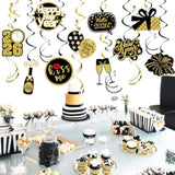 16pc Black Gold 2026 Swirl Streamers Banner New Year’s Eve Party Decor