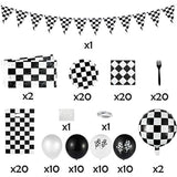 127 Pcs Race Car Checkered Party Kit with Banner, Balloons, Tableware for 20 Guests