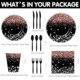Rose Gold And Black Party Decorations Tableware - Glitter Diamond Theme Rose Gold Party Supplies For Wedding Bridal Shower Birthday, Paper Plate, Cup, Napkin, Cutlery | Serves 24