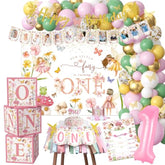 Fairy First Birthday Decorations - Floral Enchanted Fairy 1St Birthday Party Supplies, Include Balloon Box, Backdrop, Balloon Arch, Highchair Banner