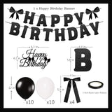 Black Bow Party Decorations — Happy Birthday Banner, Garland & Cake Toppers