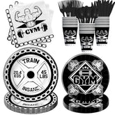 Gym Party Decorations Tableware - Gym Bodybuilder Birthday Party Supplies, Paper Plate, Napkin, Cup, Cutlery, Fitness Barbell Birthday Decorations For Gym Lovers And Weight Lifters | Serve 24