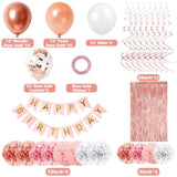 Rose Gold Birthday Decorations For Women Girl, Happy Birthday Banner Fringe Curtains Balloons Tissue Paper Pom Poms Hanging Swirl Birthday Party Décor