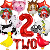 14 Pcs Farm Animal Balloons Cow Sheep Duck Rooster Pig Donkey Balloons Barnyard Balloon Supplies With Large Number 2 Foil Balloon For Farm Animal Theme 2Nd Birthday Party Decor Supplies