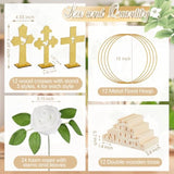 48 Pcs Baptism Centerpiece First Communion Table Decoration 12 Wood Cross 12 Floral Hoop With Stand 24 Foam Rose With Stem For Baptism Baby Shower Wedding(Gold And White,Stylish)