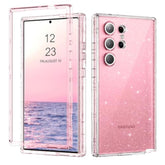 For Samsung Galaxy S24 Ultra Case, Glitter Sparkle 3 In 1 Heavy Duty Cover Hybrid Hard Pc Rugged Shockproof Transparent Protective Bling Phone Case For Samsung S24 Ultra 6.8", Pink/Glitter