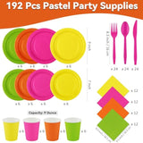 Neon Party Supplies Set (192 Pcs): Plates, Cups, Napkins, Cutlery - 24 Guests