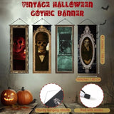 4Pcs Halloween Gothic Banner Haunted Portraits Spooky Porch Sign Backdrop Decorations