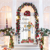 Religious Jesus Christmas Door Banner, Happy Birthday Jesus Welcome Door Cover, Christian Jesus Nativity Cross Winter Holiday Porch Sign Door Decor Backdrop Banner 70.9 X 35.4 Inches
