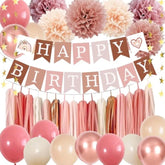 Retro Blush Pink Birthday Decorations, Boho Balloons, Banner & Tassel Garland