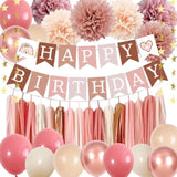 Retro Blush Pink Birthday Decorations, Boho Balloons, Banner & Tassel Garland