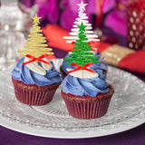 24pcs Christmas Tree Cupcake Toppers Green Glitter Picks for Holiday Parties