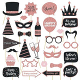Party Birthday Photo Booth Props, 30Pcs Set Of Happy Birthday Selfie Party Supplies With Real Glitter Cute Bday Designs For Women Or Girls,Easy To Assemble(Rose Gold)