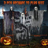3 Pack Hanging Halloween Skeleton Ghost Decorations, 49.2" Large Grim Reaper with Adjustable Arms and 2 Pcs 31.4" Flying Skull Ghosts for Indoor Outdoor Yard Porch Tree Haunted House Decor