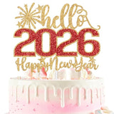 Hello 2026 Happy New Year Cake Topper Gold Red Glitter Party Decorations