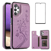 Phone Case For Samsung Galaxy A32 5G 6.5 Inch With Tempered Glass Screen Protector Card Holder Wallet Cover Stand Flip Leather Cell Accessories Glaxay A 32 32A S32 G5 A326U Cases Women Girl Purple
