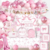 235 Pcs Pink Bow 1St Birthday Decorations, All-In-1 Supplies Pack, Includes 20 Girls Just Wanna Be One Theme Tableware, 1St Party Hat, High Chair Banner, For Pink 1St Birthday Bow Theme