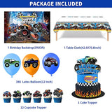 63 Pcs Monster Truck Birthday Supplies with Backdrop, Balloons, Tablecloth & Toppers